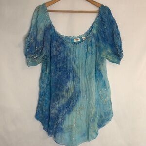 CATO Woman Boho Crinkle Short Sleeve       Blue Gold Size 14/16W